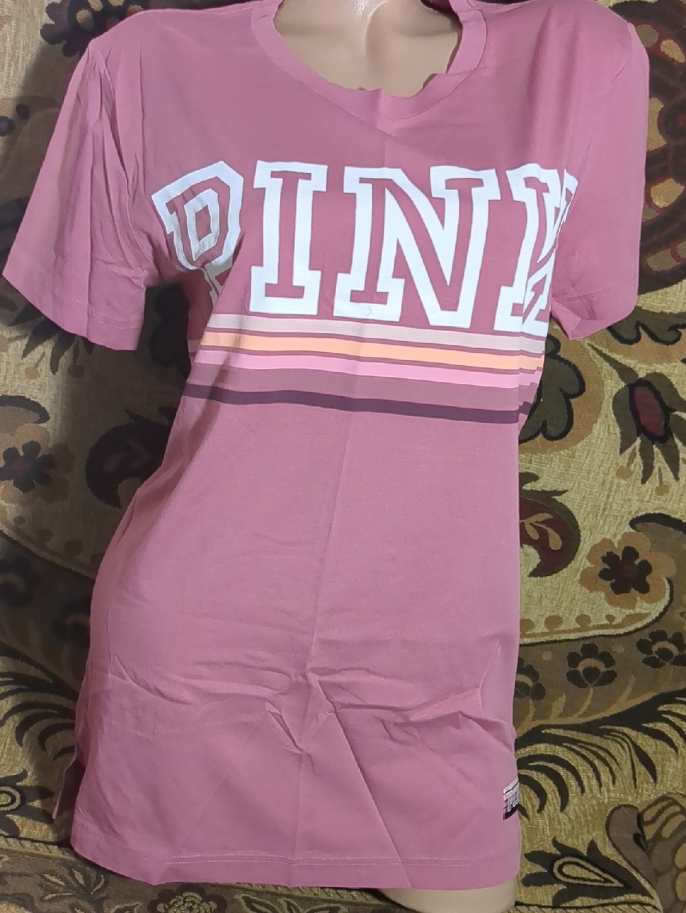 PINK Victoria's secret Logo Striped Tee - Dusty Rose